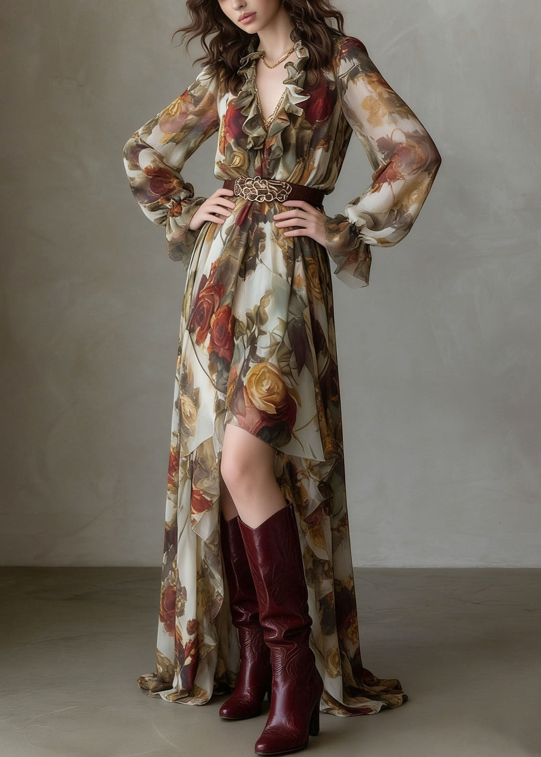 Beautiful V Neck Asymmetrical Design Ruffled Print Chiffon Dress Summer