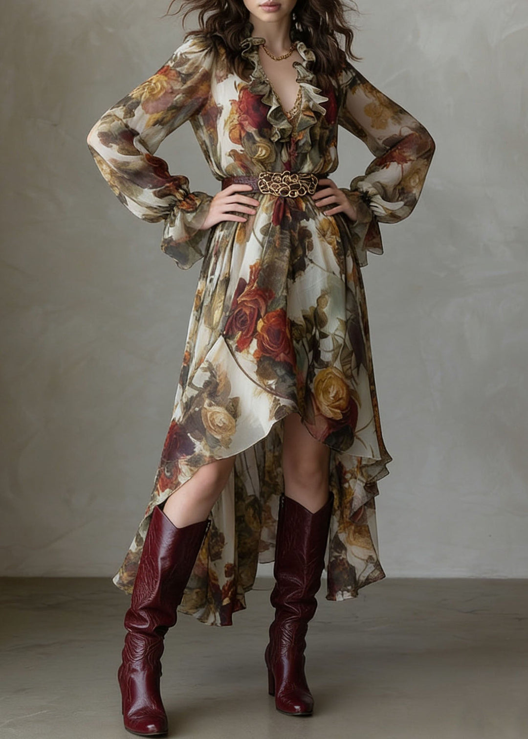 Beautiful V Neck Asymmetrical Design Ruffled Print Chiffon Dress Summer