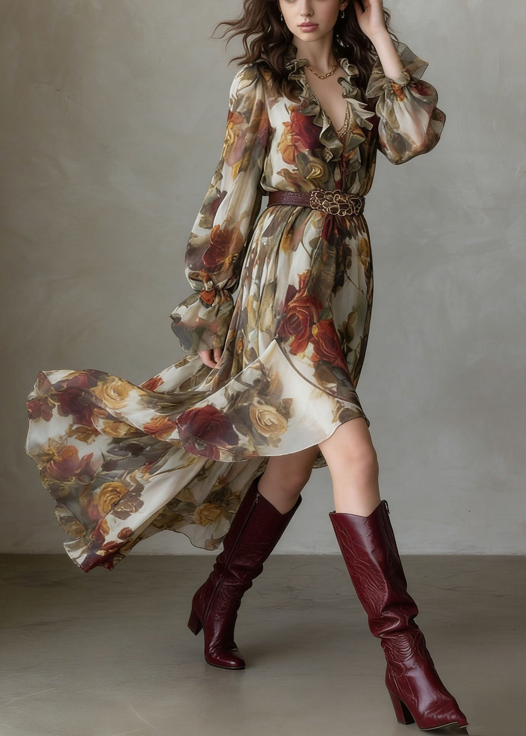 Beautiful V Neck Asymmetrical Design Ruffled Print Chiffon Dress Summer
