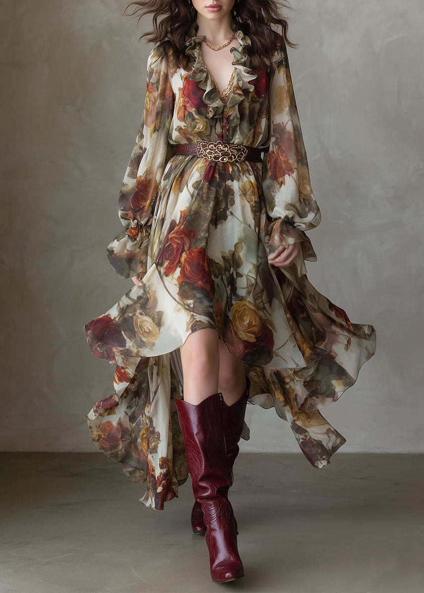 Beautiful V Neck Asymmetrical Design Ruffled Print Chiffon Dress Summer