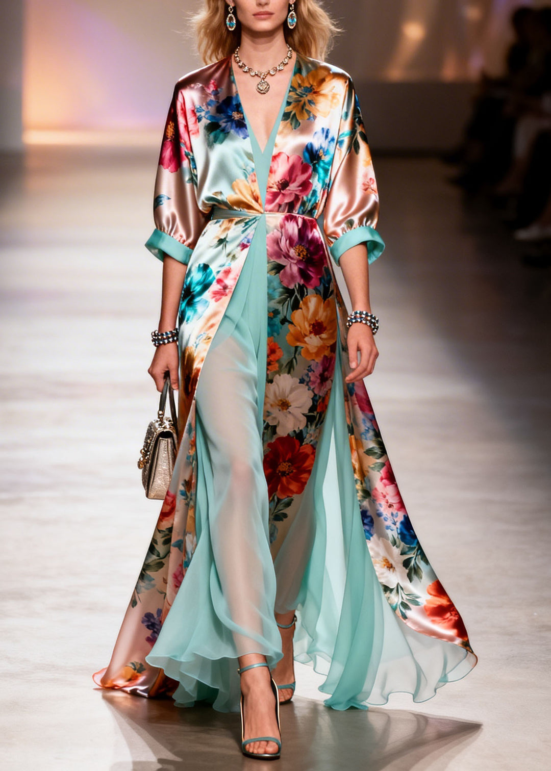 Beautiful V Neck Print Patchwork Silk Dresses Summer