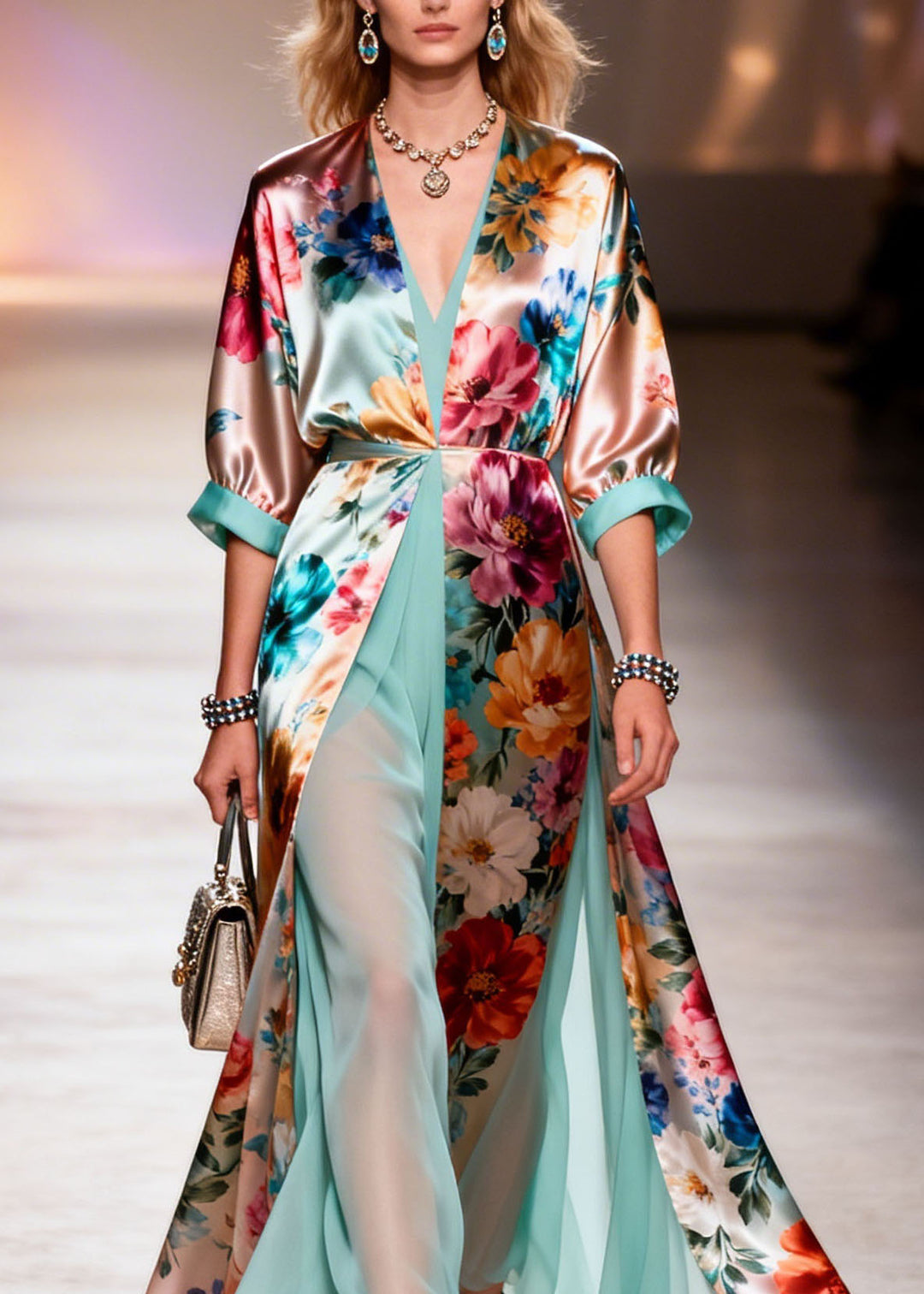 Beautiful V Neck Print Patchwork Silk Dresses Summer