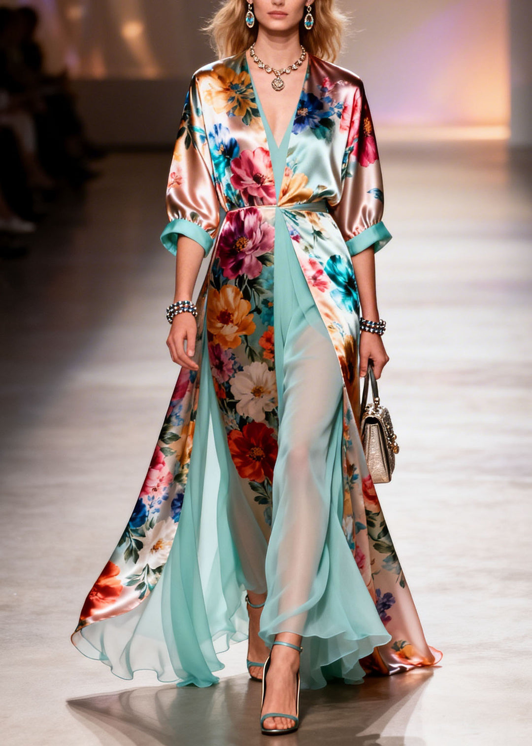Beautiful V Neck Print Patchwork Silk Dresses Summer