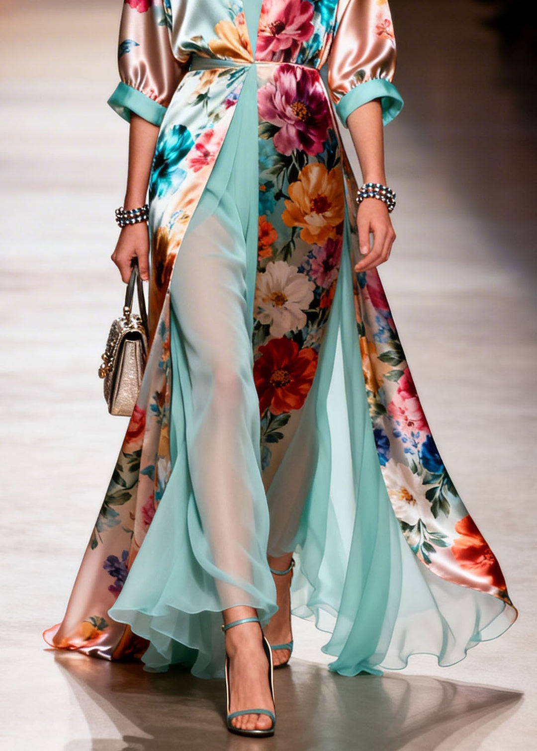 Beautiful V Neck Print Patchwork Silk Dresses Summer