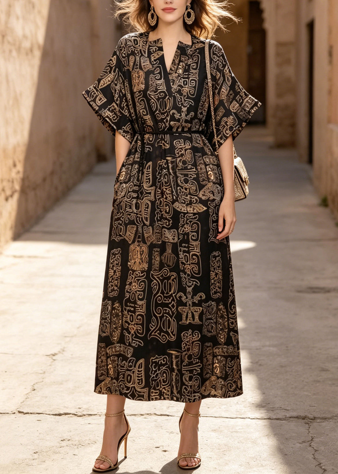 Beautiful V Neck Print Pockets Cotton Dresses Summer