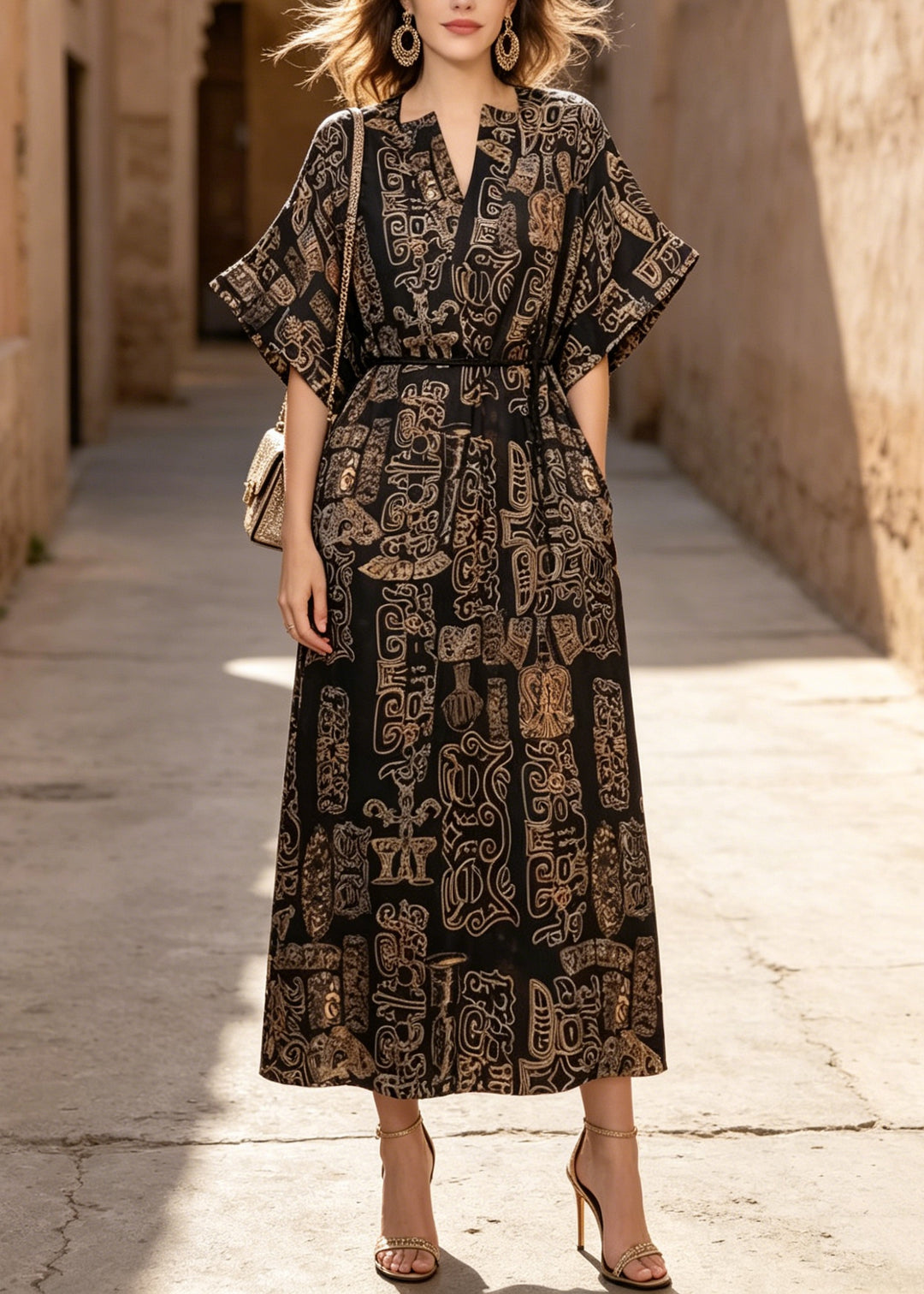 Beautiful V Neck Print Pockets Cotton Dresses Summer