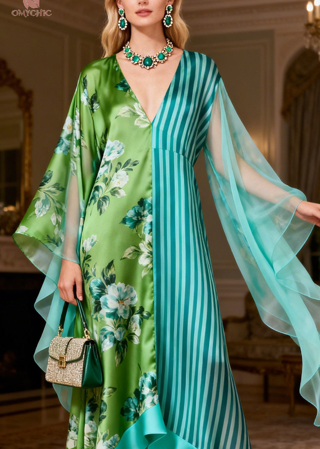 Beautiful V Neck Print Striped Patchwork Silk Long Dress Summer