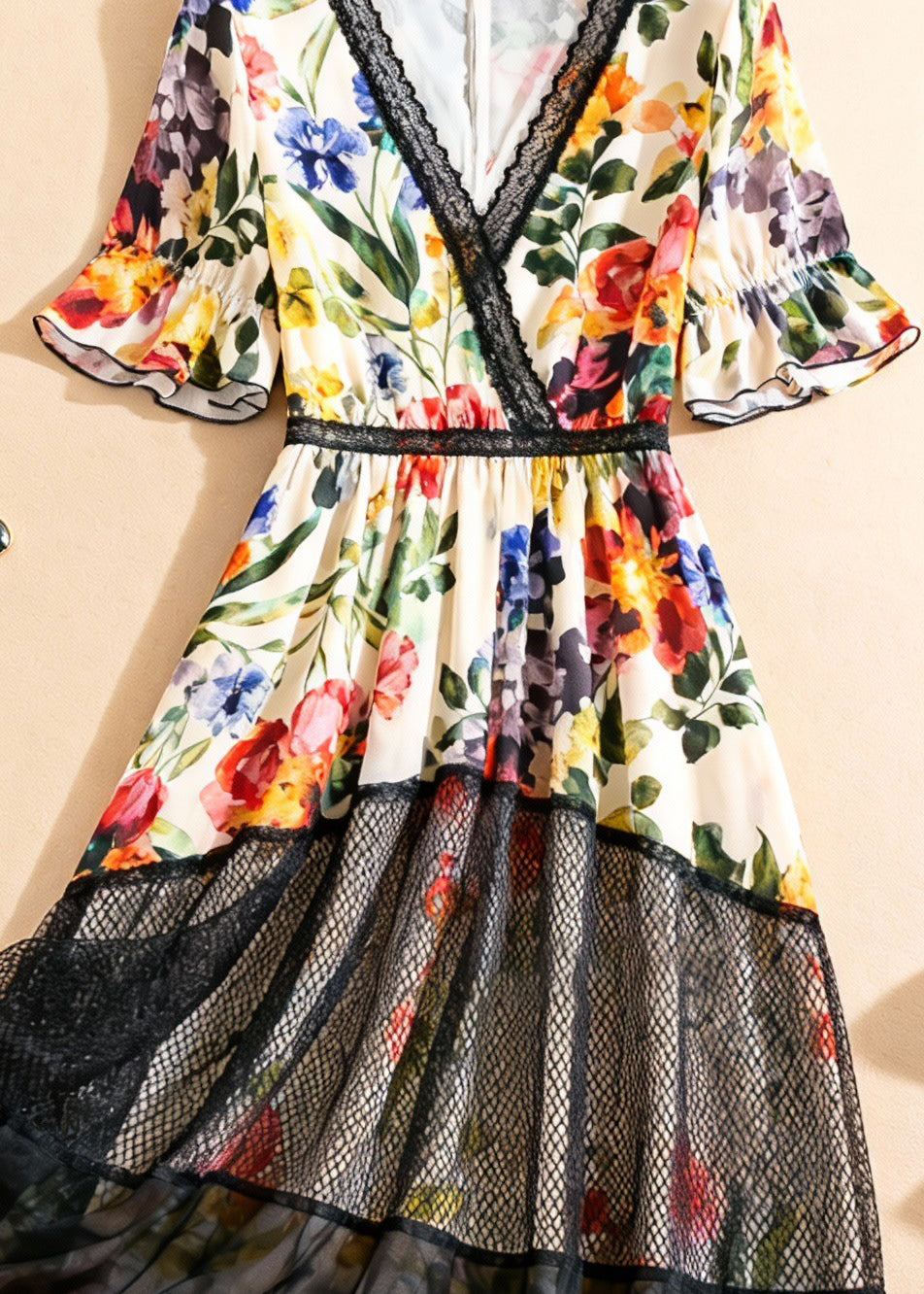 Beautiful V Neck Print Tulle Patchwork Long Dress Summer