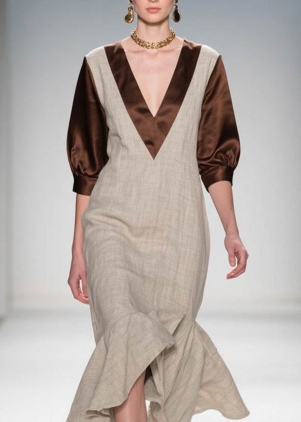 Beautiful V Neck Ruffled Patchwork Linen Silk Dress Summer