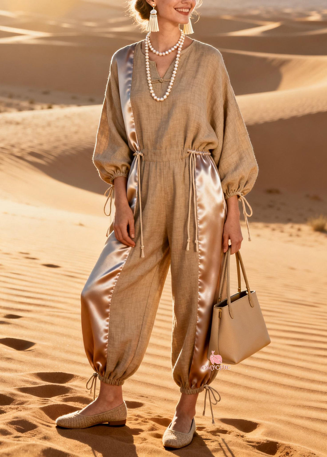 Beautiful V-Neck Silk Patchwork Drawstring Linen Jumpsuit Spring