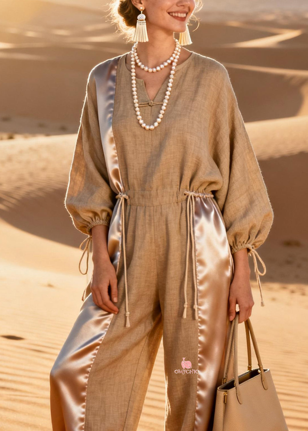 Beautiful V-Neck Silk Patchwork Drawstring Linen Jumpsuit Spring