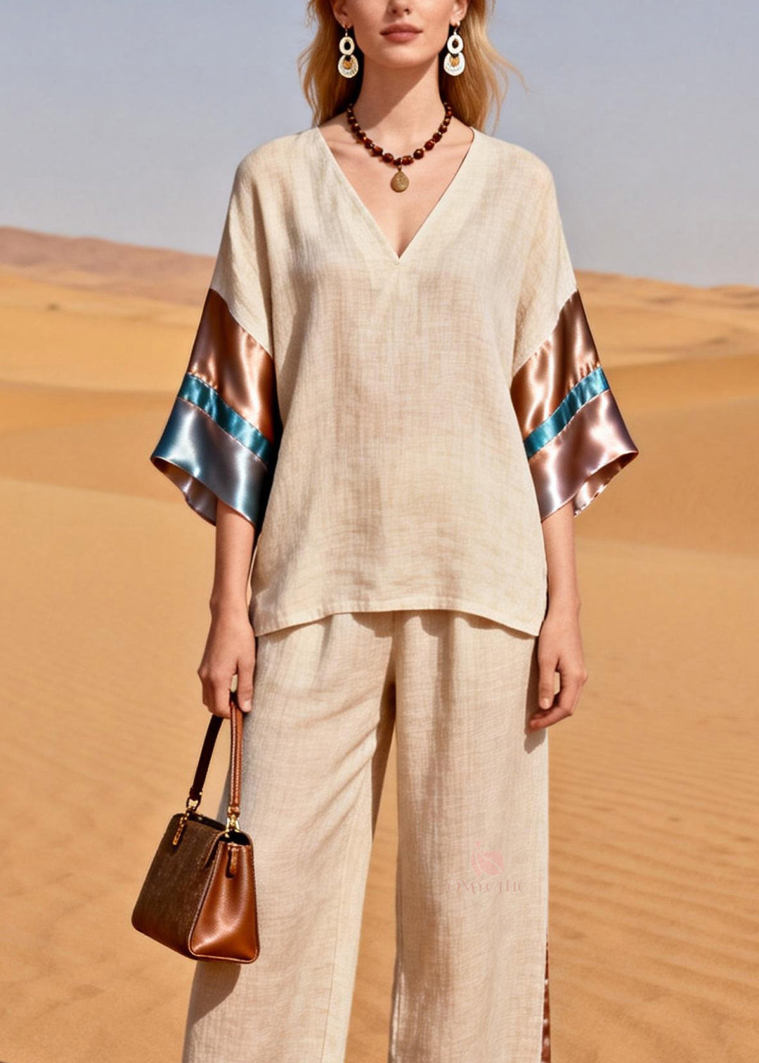 Beautiful V Neck Silk Patchwork Linen Two Pieces Set Summer