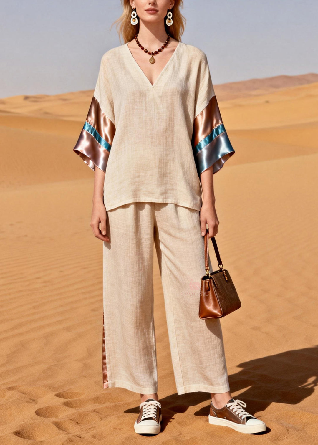Beautiful V Neck Silk Patchwork Linen Two Pieces Set Summer