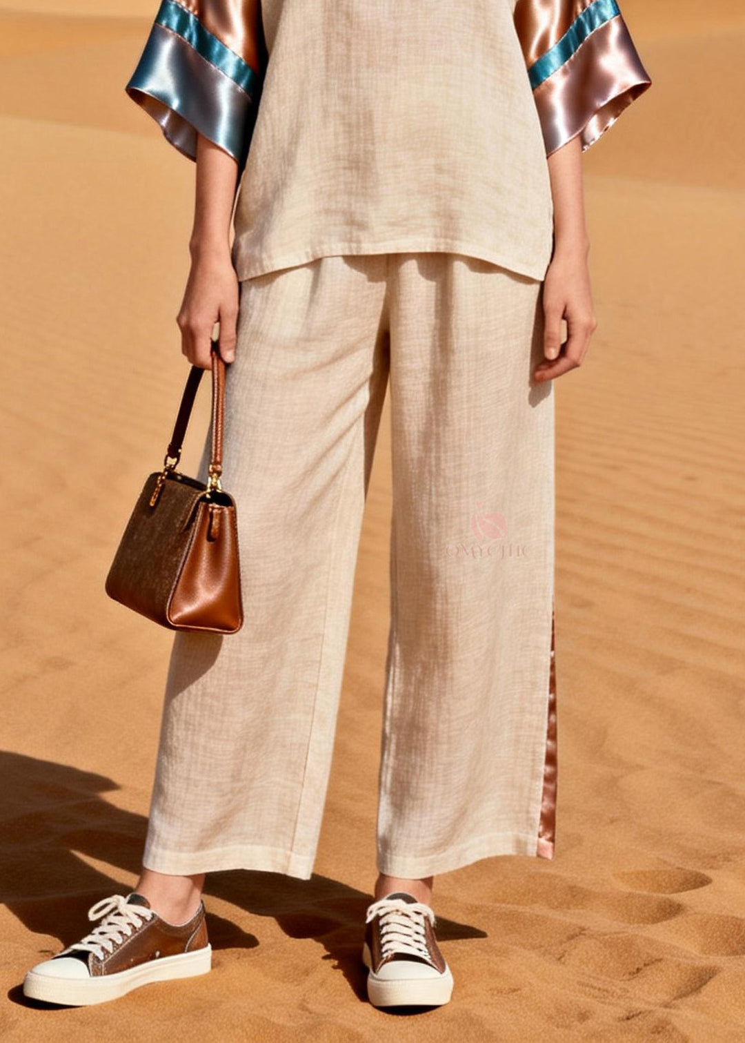 Beautiful V Neck Silk Patchwork Linen Two Pieces Set Summer