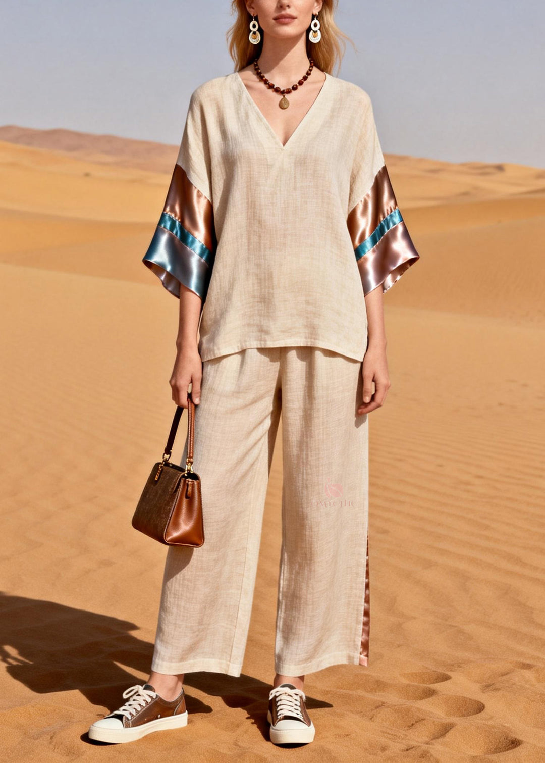 Beautiful V Neck Silk Patchwork Linen Two Pieces Set Summer
