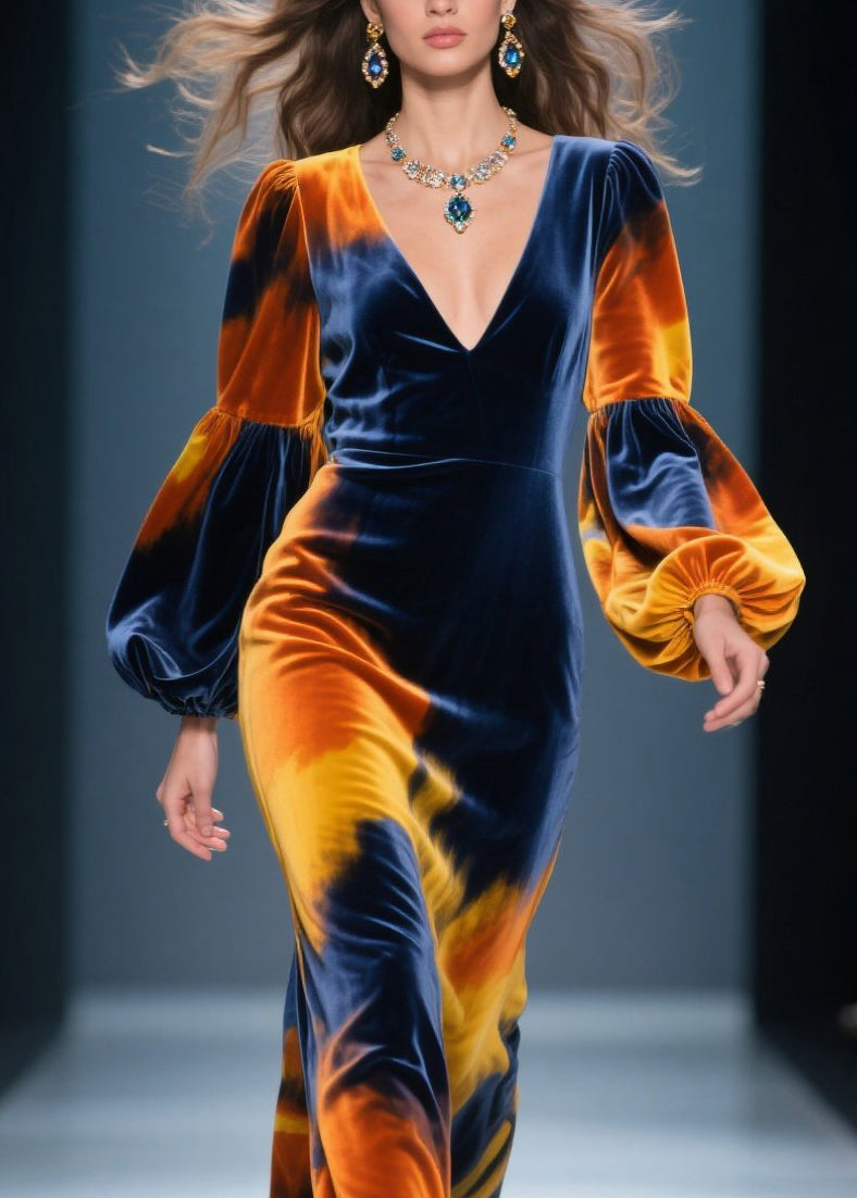 Beautiful V Neck Tie Dye Velvet Long Dress Lantern Sleeve