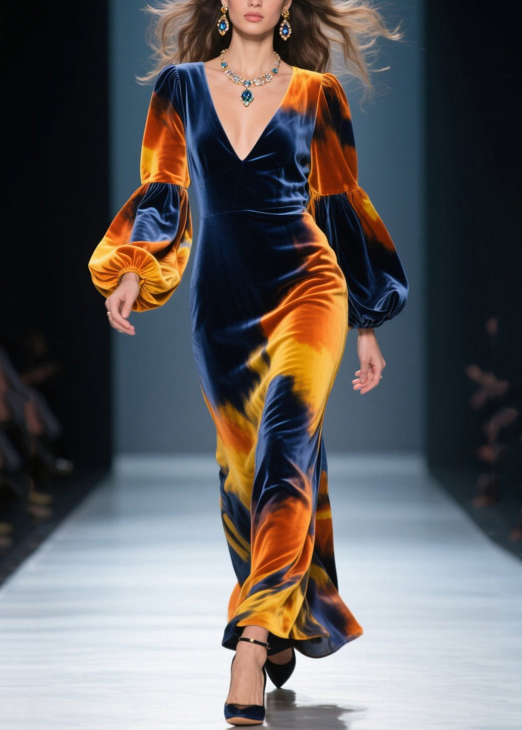 Beautiful V Neck Tie Dye Velvet Long Dress Lantern Sleeve