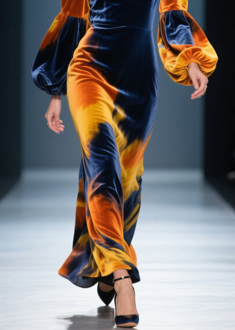 Beautiful V Neck Tie Dye Velvet Long Dress Lantern Sleeve