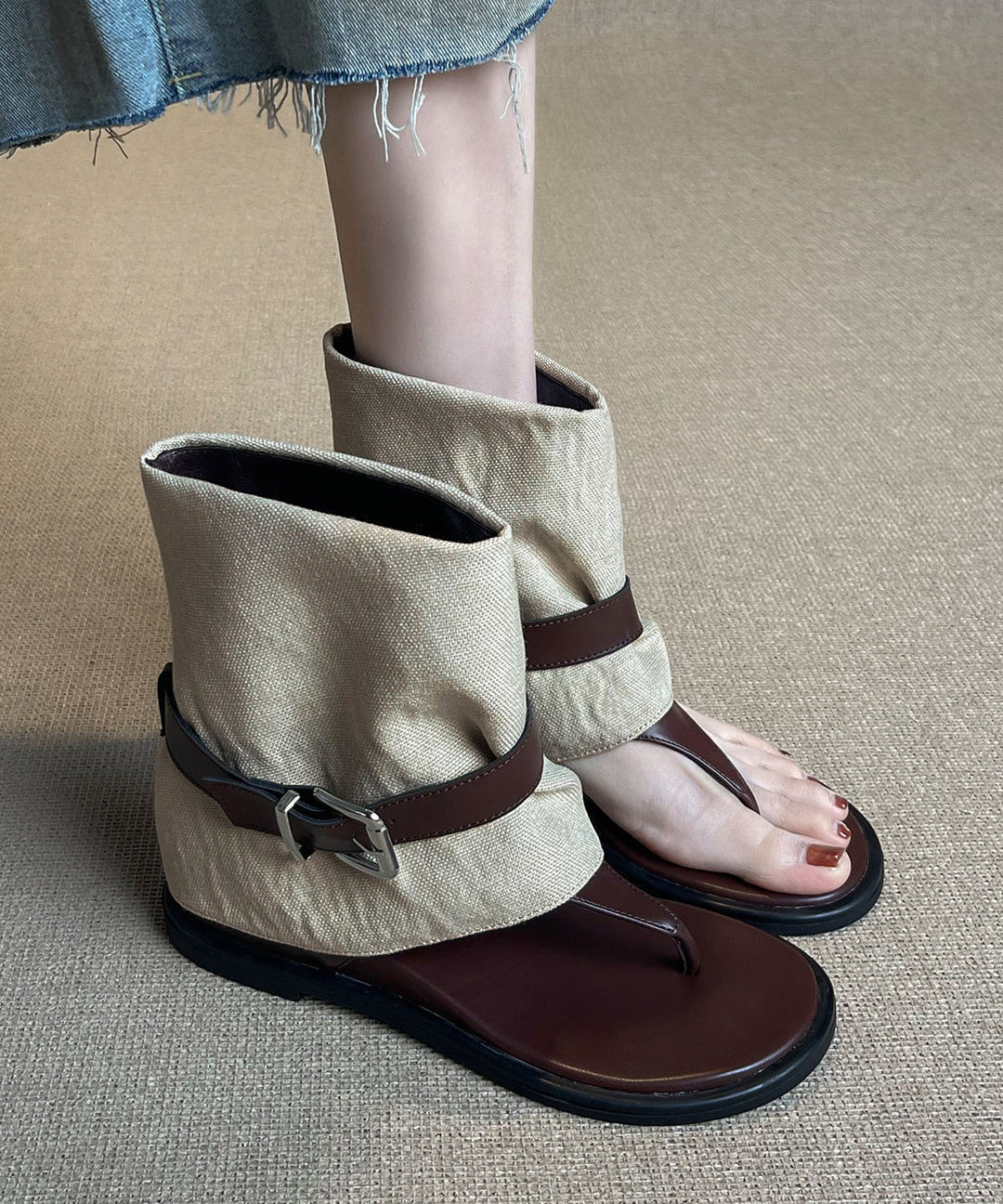 Beautiful Wedge Flip Flops Boots Brown Sheepskin