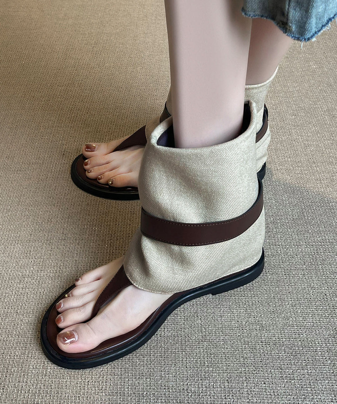 Beautiful Wedge Flip Flops Boots Brown Sheepskin
