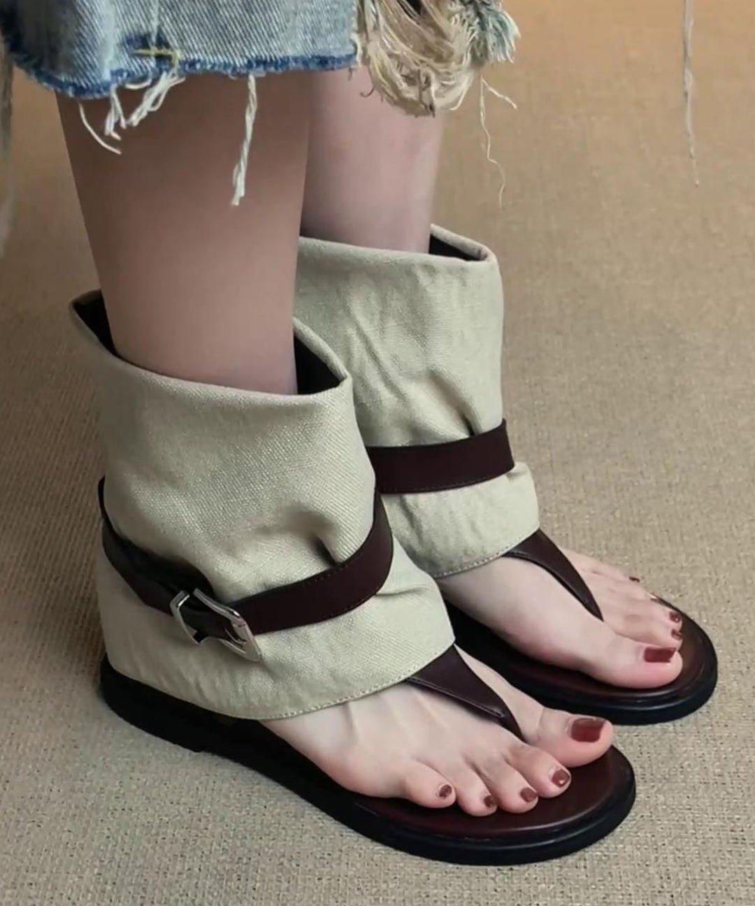 Beautiful Wedge Flip Flops Boots Brown Sheepskin