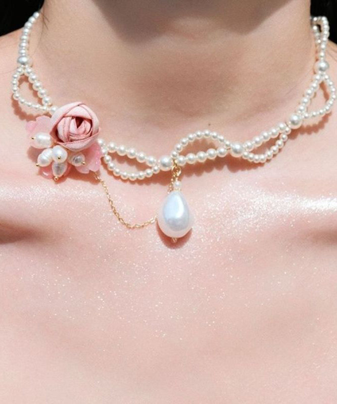Beautiful White Alloy Pearl Beading Floral Gratuated Bead Necklace