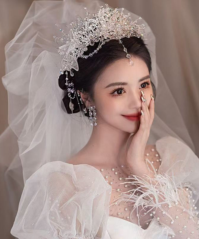 Beautiful White Alloy Zircon Crystal Tassel Drop Earrings And HairPiece Two-Piece Set