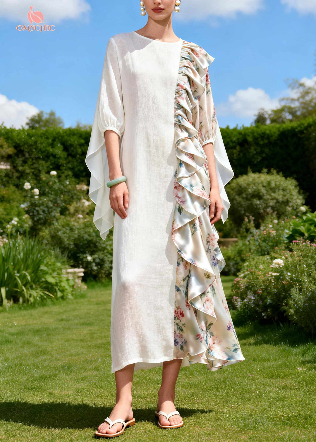 Beautiful White Asymmetrical Patchwork Ruffles Cotton Dress Summer