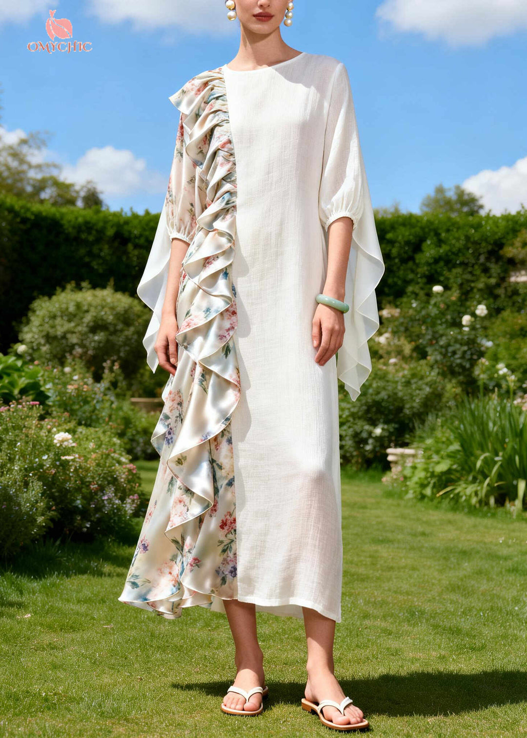 Beautiful White Asymmetrical Patchwork Ruffles Cotton Dress Summer