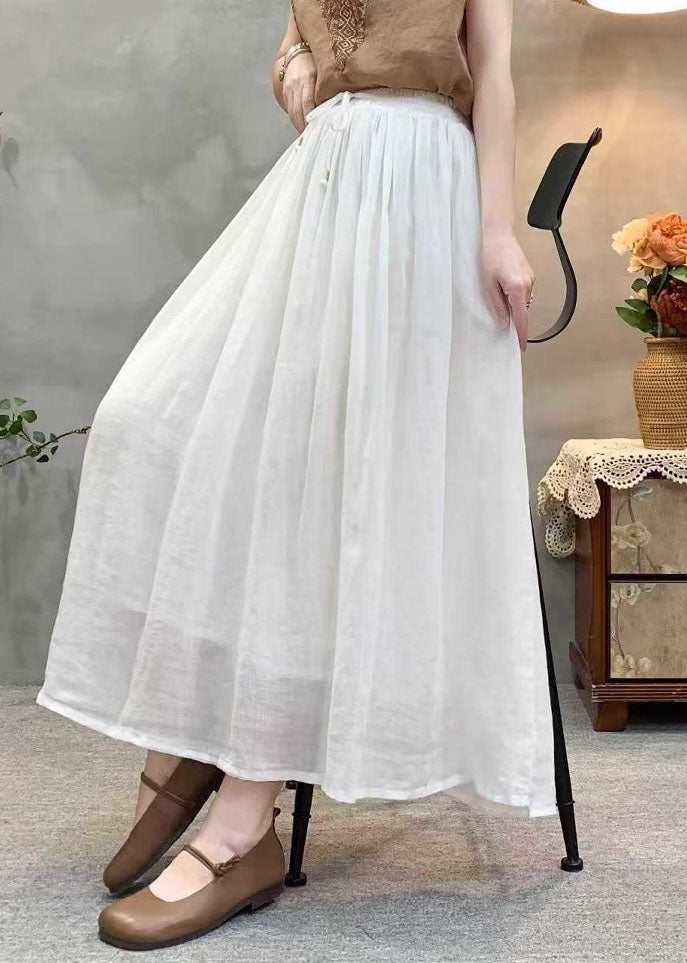 Beautiful White Elastic Waist Wrinkled Linen Skirts Summer