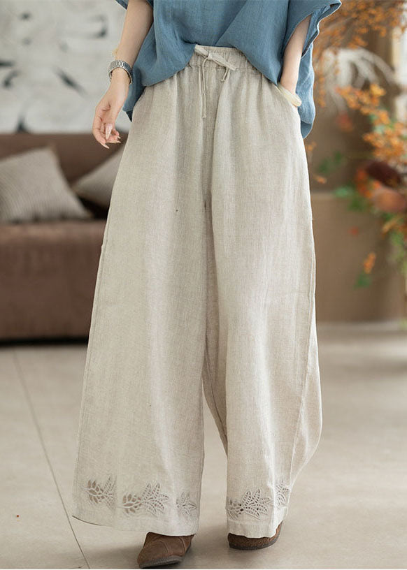 Beautiful White Embroidered Elastic Waist Linen Straight Pants Summer