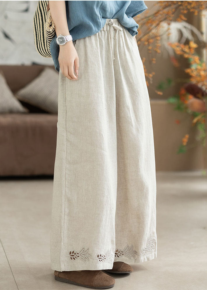 Beautiful White Embroidered Elastic Waist Linen Straight Pants Summer
