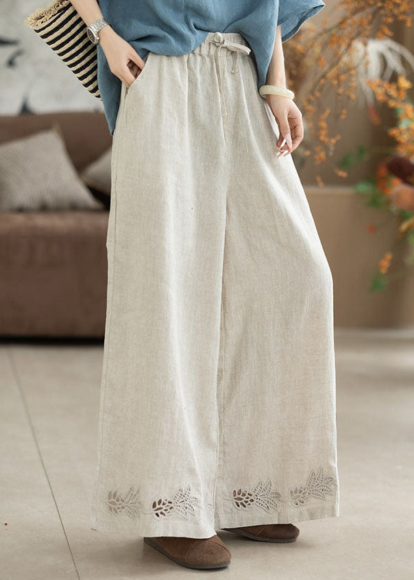 Beautiful White Embroidered Elastic Waist Linen Straight Pants Summer
