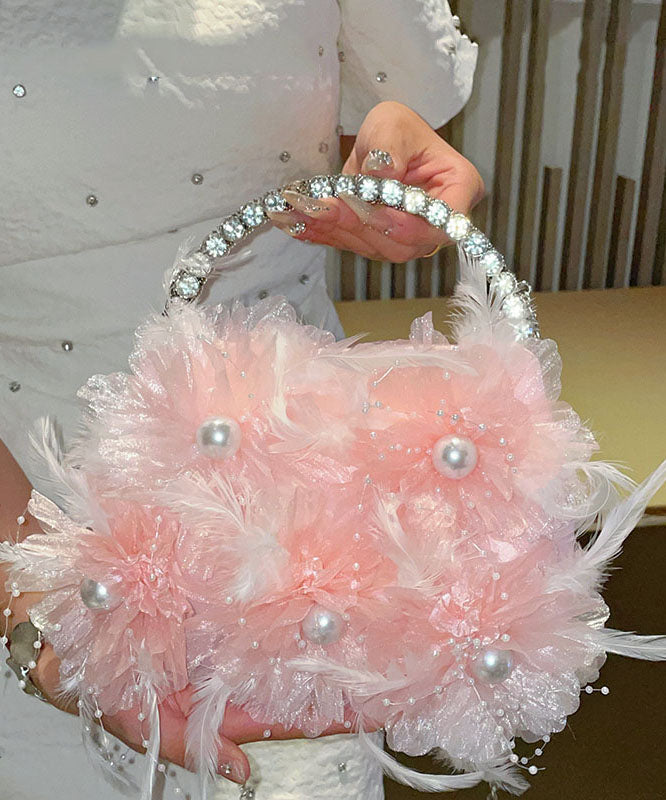 Beautiful White Flower Zircon Pearl Feather Handbag
