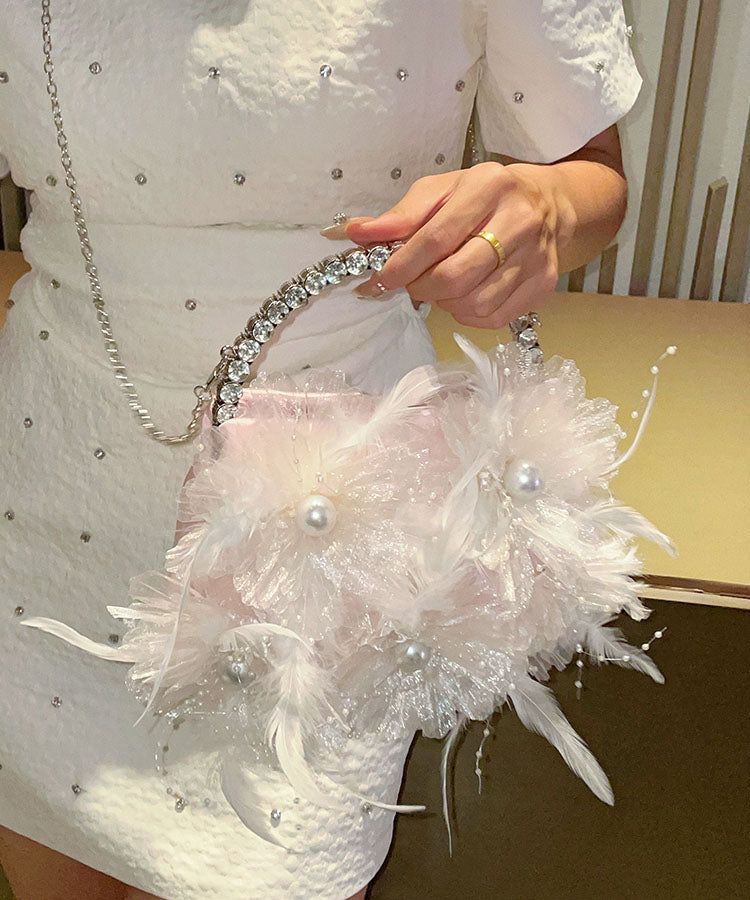 Beautiful White Flower Zircon Pearl Feather Handbag