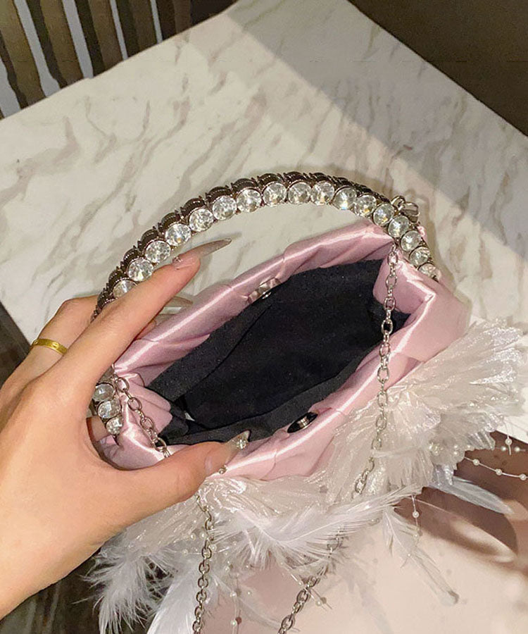 Beautiful White Flower Zircon Pearl Feather Handbag