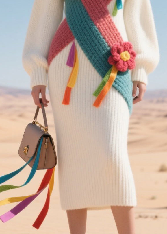 Beautiful White High Neck Patchwork Flower Knit Sweater Dress Winter
