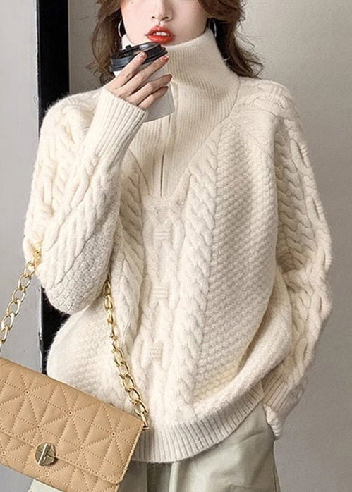 Beautiful White High Neck Thick Knit Sweater Tops Winter