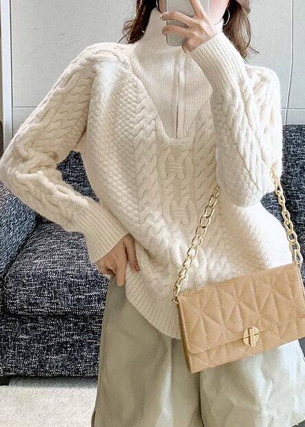 Beautiful White High Neck Thick Knit Sweater Tops Winter