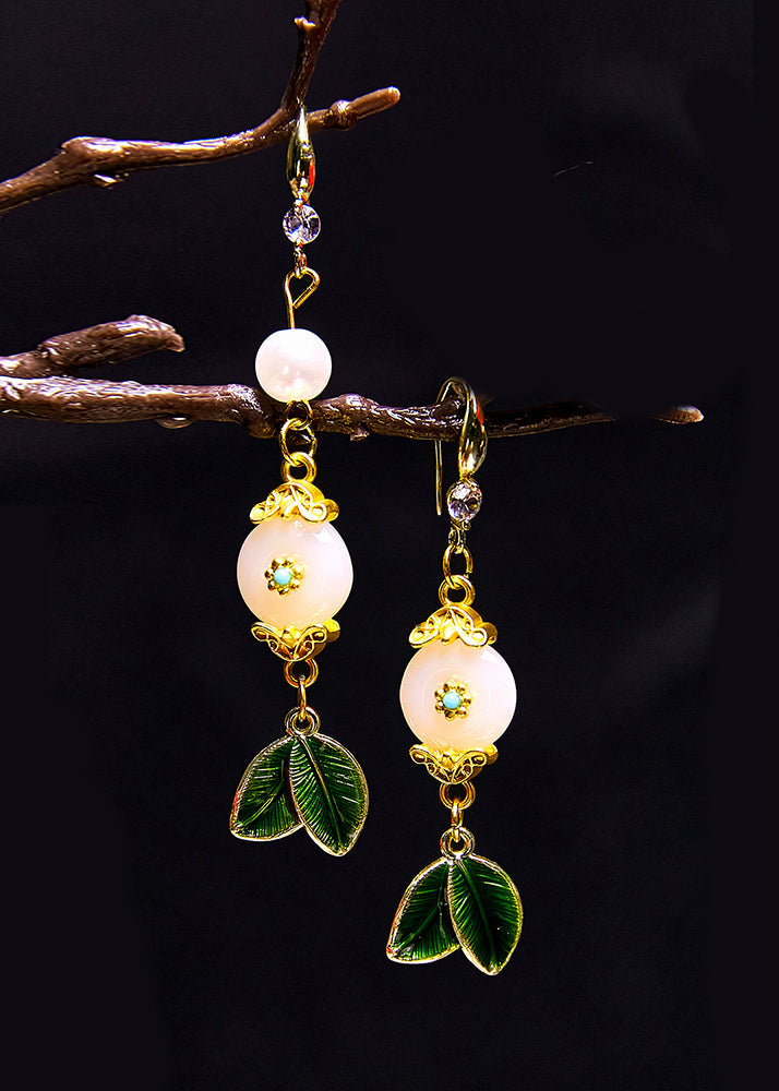 Beautiful White Jade Leaf Metal Drop Earrings