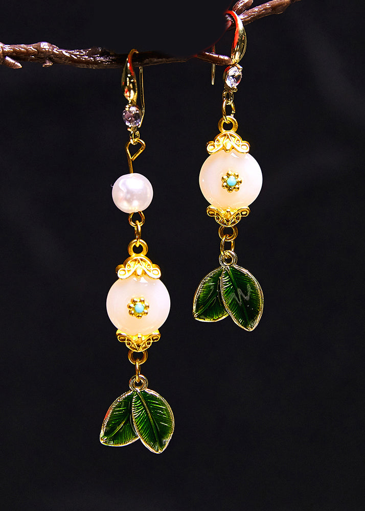 Beautiful White Jade Leaf Metal Drop Earrings