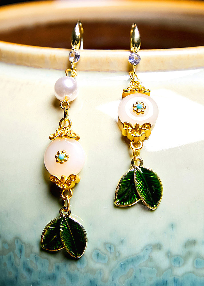 Beautiful White Jade Leaf Metal Drop Earrings