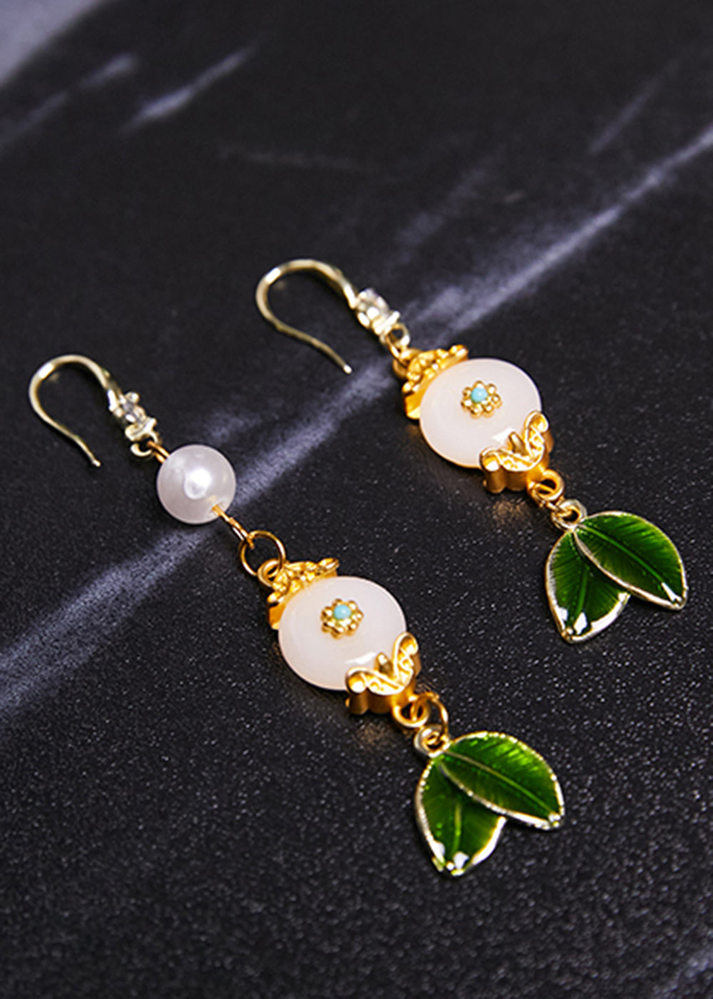 Beautiful White Jade Leaf Metal Drop Earrings