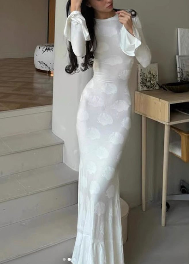 Beautiful White O Neck Backless Lace Up Silk Dress Flare Sleeve