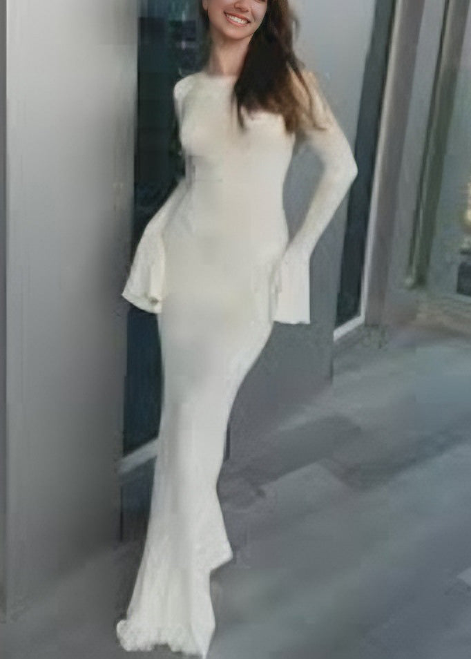 Beautiful White O Neck Backless Lace Up Silk Dress Flare Sleeve