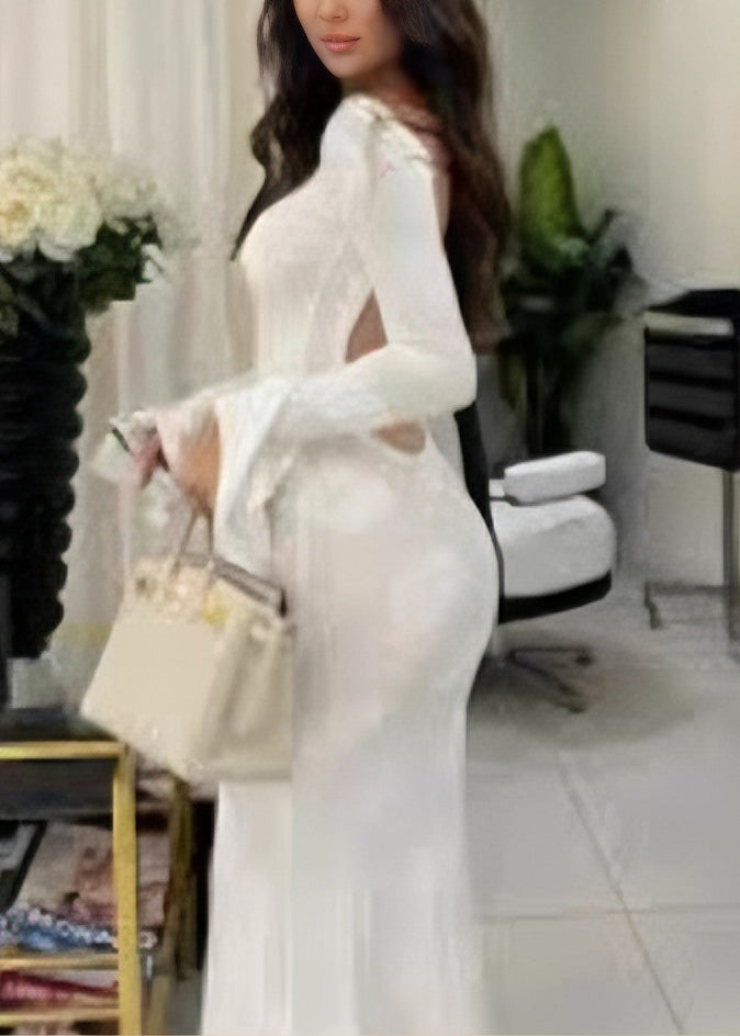 Beautiful White O Neck Backless Lace Up Silk Dress Flare Sleeve