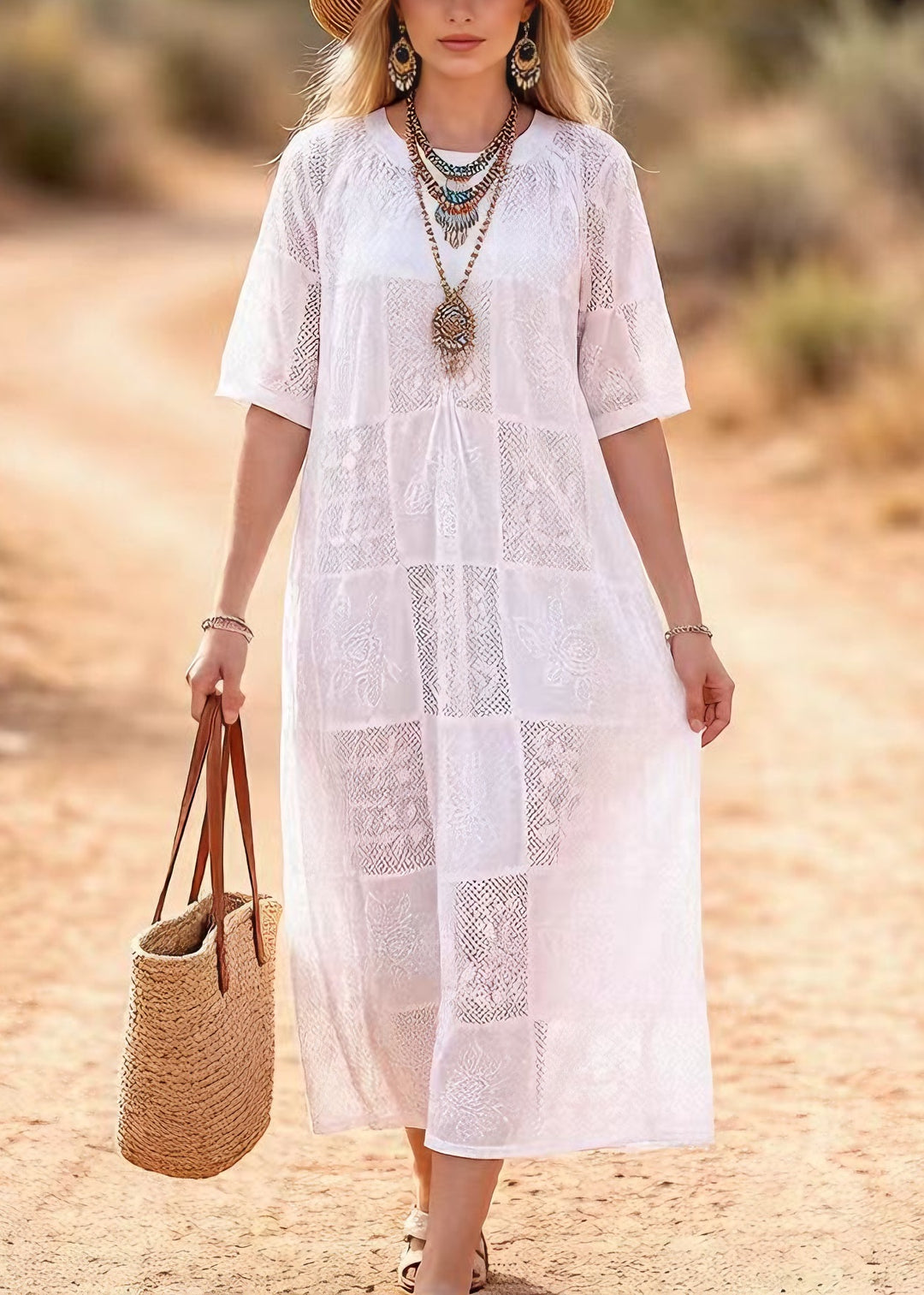 Beautiful White O Neck Embroidered Lace Maxi Dress Summer