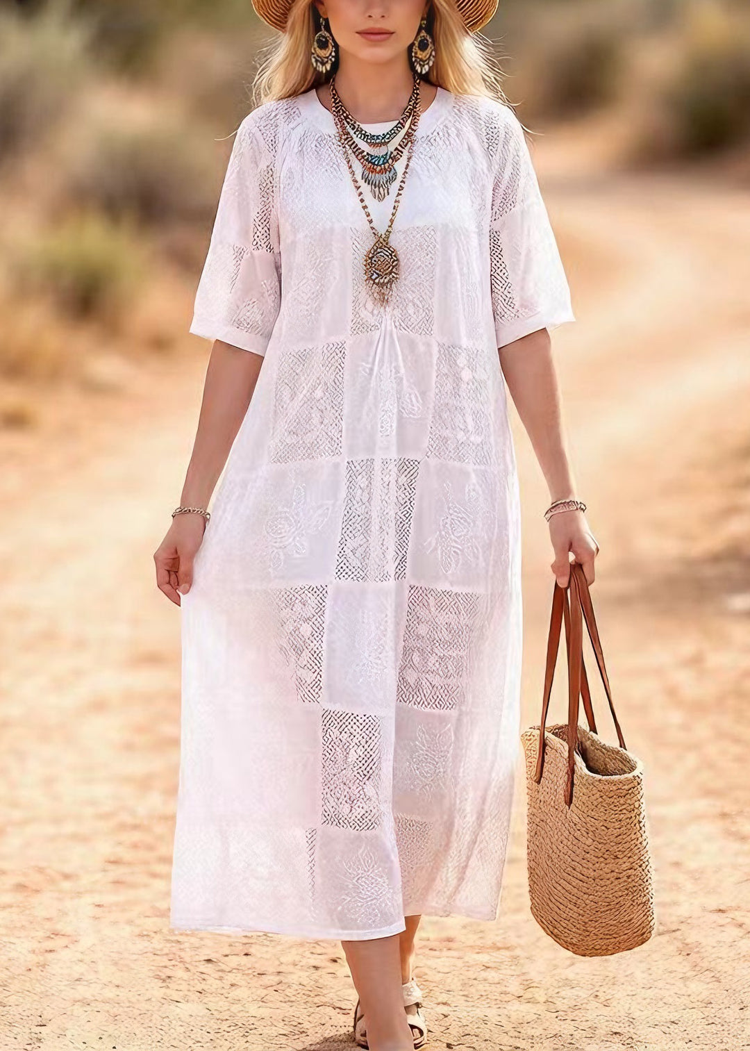 Beautiful White O Neck Embroidered Lace Maxi Dress Summer