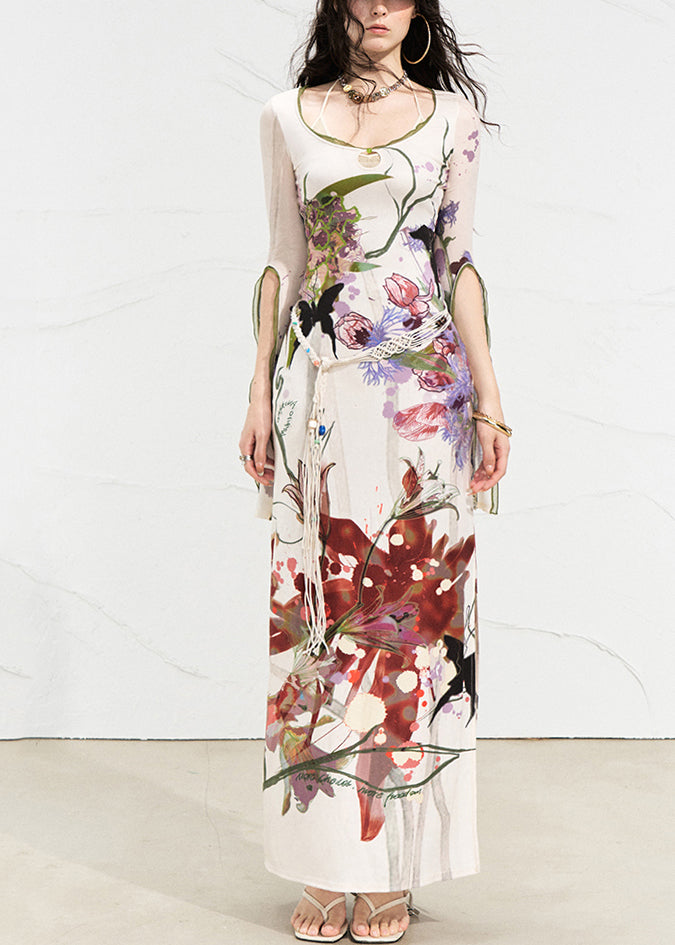 Beautiful White O-Neck Print Side Open Long Dress Flare Sleeve