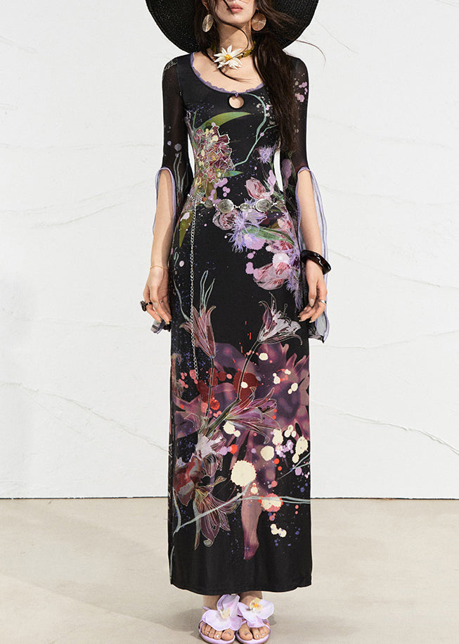 Beautiful White O-Neck Print Side Open Long Dress Flare Sleeve